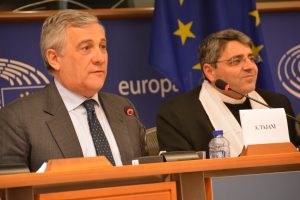 Belgium, Brussels, December 6, 2016  Skype Conference at the European Parliament with the participation of 15 high ranking MEPs from across the political spectrum, international media and a Chaldean childrens choir. The panel was chaired by European Parliament Vice-President Antonio Tajani and co-chaired by MEP Anna Maria Corazzo Bildt and ACNs representative from Aleppo Fr. Ziad Hilal.